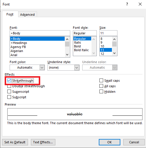 Strikethrough Text in Microsoft Word